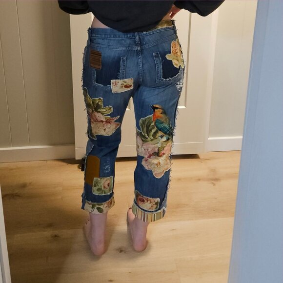 Floral Bird Upcycled art jeans 33 x 27 altered boyfriend distressed applique - Picture 10 of 13